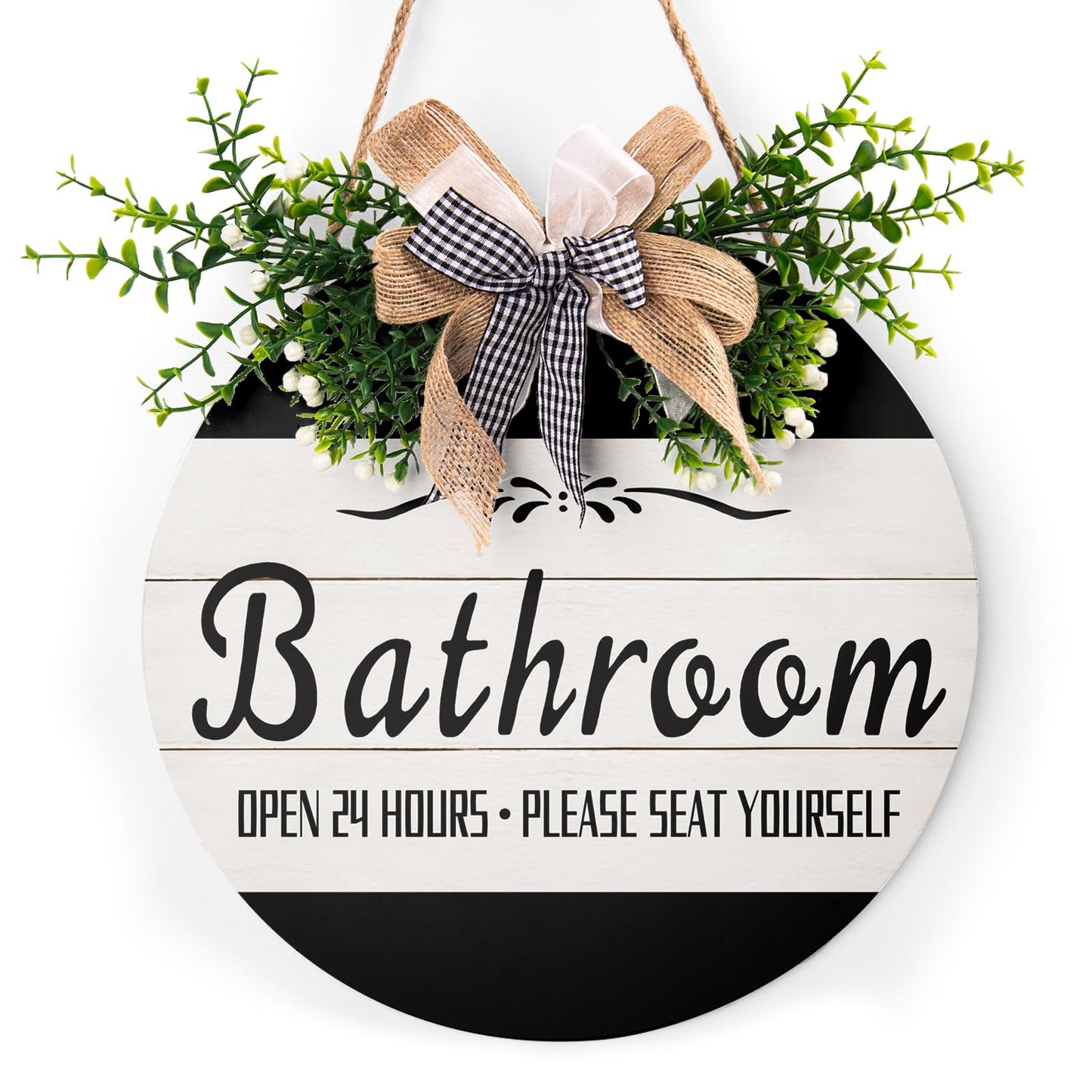 Bathroom Front Door Sign Funny Wreaths Hanging Wooden Plaque Decoration Round Rustic Farmhouse Wall Art Decor for Home Porch Bathroom 12x12 Inch