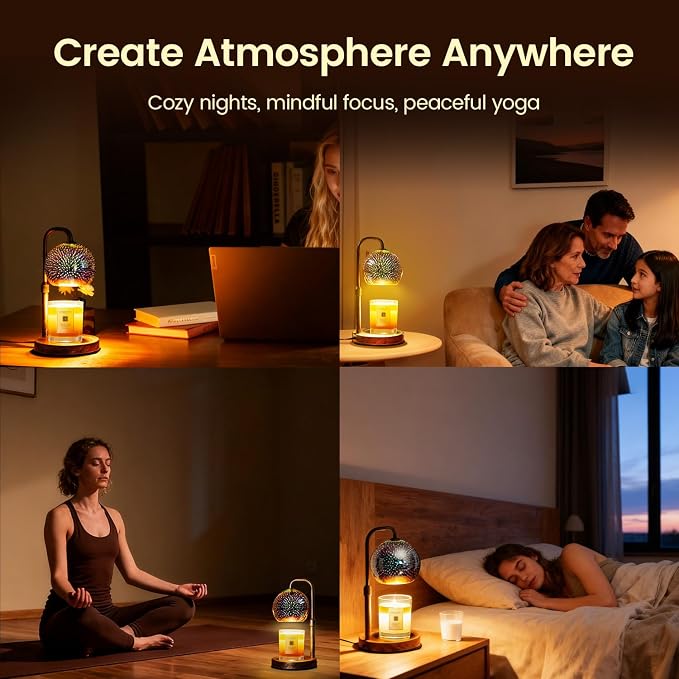 Glocusent Candle Warmer Lamp with Timer, 3D Glass Globe, Retro wood-grain metal base, Dimmable Height Adjustable Candle Warmer for Jar Candles, Home Decor & Gifts for Women, Firework patterns, 2 Bulbs