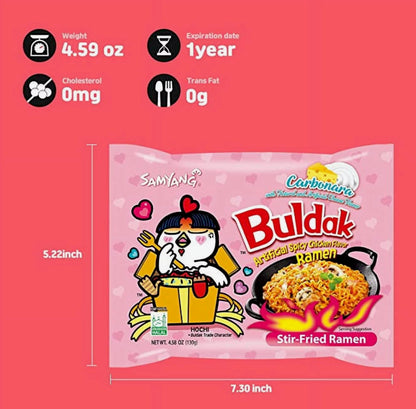 Samyang Buldak Hot Spicy Chicken Ramen Noodle Korean Stir-Fried Ramen (10, 2 Carbonara, Cheese, Cream Carbonara, 2X Spicy, Habanero Lime, Quattro Cheese, Original, Stew, Tom Yum)