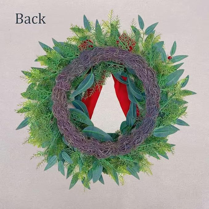 20 Inch Christmas Wreath for Front Door,Artificial Realistic Green Leaves with Red Bow, Used for Window, Wall, Porch, and Other Indoor and Outdoor Home Decorations