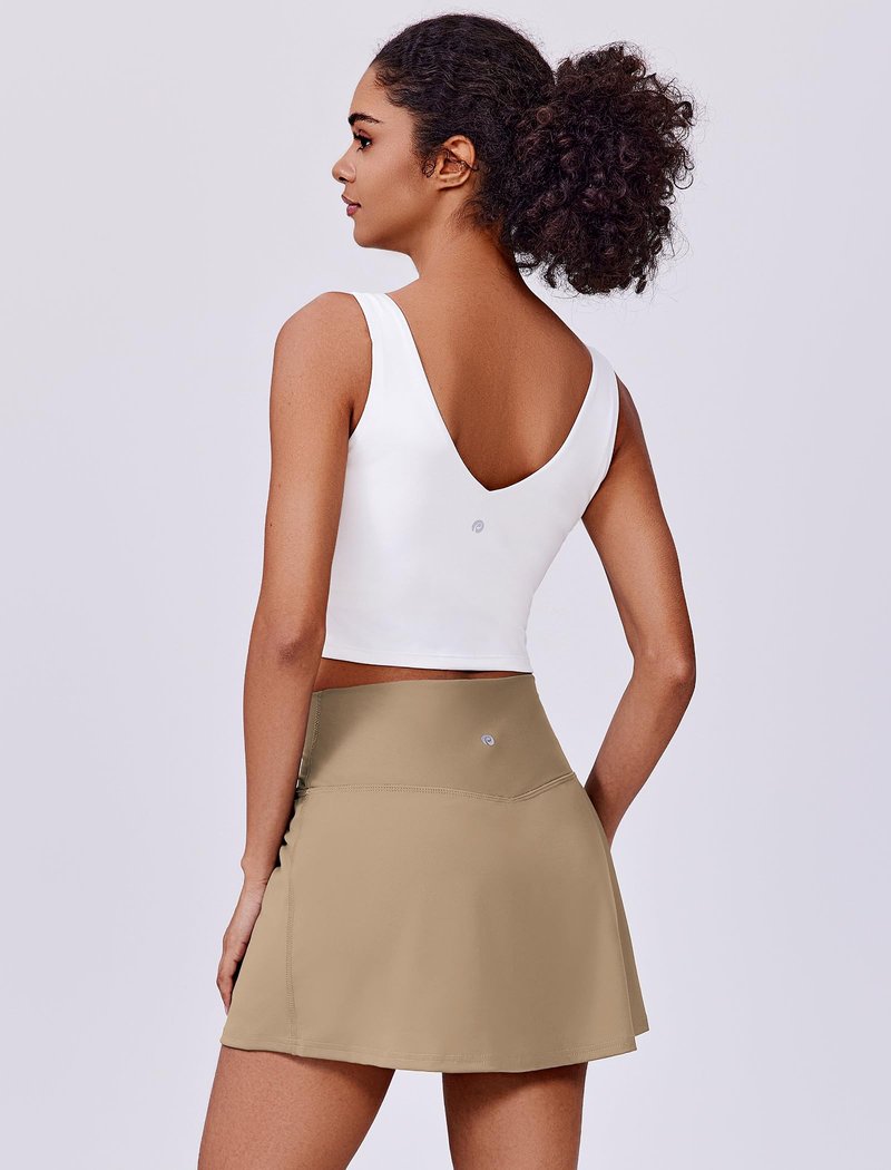 PINSPARK Tennis Skirts for Women V Waisted Golf Skorts Lightweight Athletic Skirt Stretchy Workout Skort with Pockets, Khaki Small