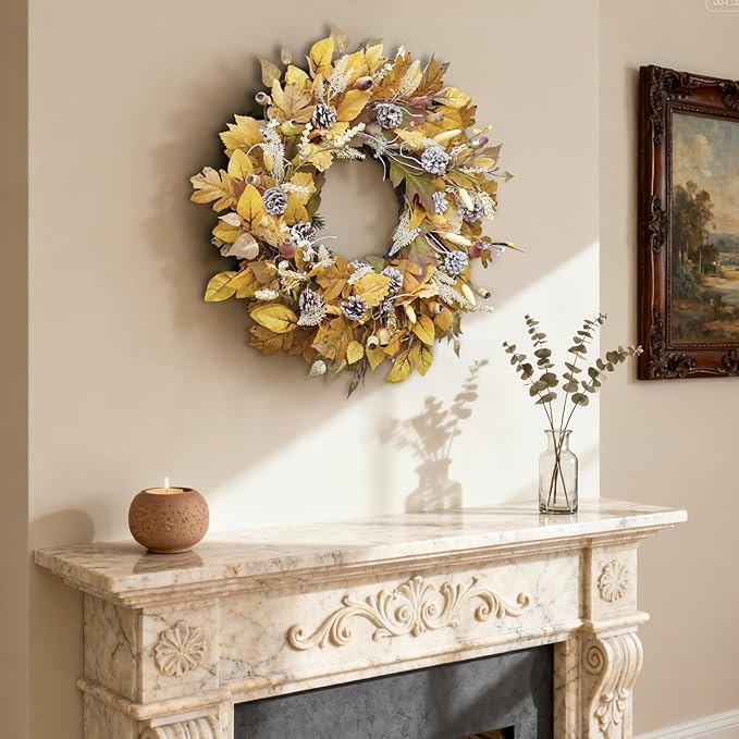 Fall Wreath for Front Door, 24 Inch Autumn Wreath with Pine Cones, Grain Ears, Oak Leaves and Maple Leaves Fall Decorations for Home, Artificial Flowers Harvest and Thanksgiving Indoor & Outdoor