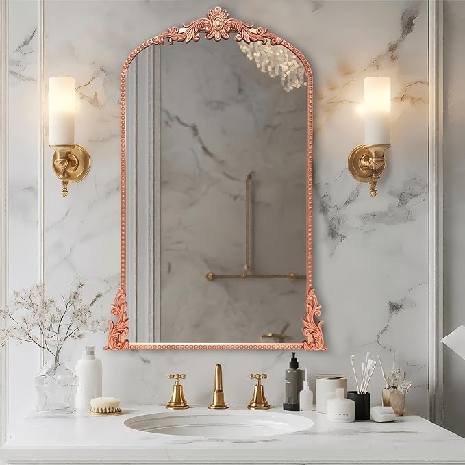 Growsun Arched Mirror, 24’’x42’’ Antique Baroque Traditional Ornate Wall Mirror Decor with Full Metal Frame for Fireplace/Entryway/Living Room/Bathroom