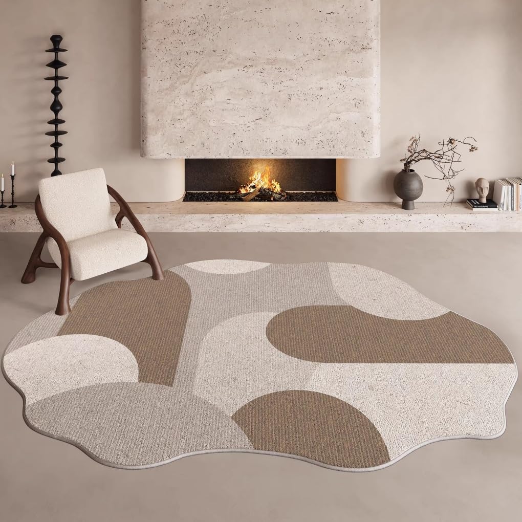 Light Beige Grey Brown Abstract Geometric Pattern Indoor Irregular Shaped Rugs 5x8 for Livingroom Bedroom Nursery Dorm Washable Non Shedding Soft Carpet Under Dining Table Modern Minimalist Area Rug