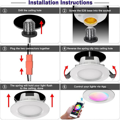 Smart Recessed Lighting 3 Inch, Dimmable, Tunable 2700K~6500K, CRI80+, RGB Color Changing LED Downlight Compatible with Alexa Google Home, Remote Control Small Canless Light, 8Pack
