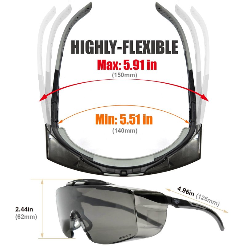 HTS HUNTERSKY 3906 ANSI Z87.1+ Anti Fog Lab Over Eyeglasses Safety Glasses Smoke Tinted Impact Resistant Lens Integrated Side Shields UV Protective OTG Goggles