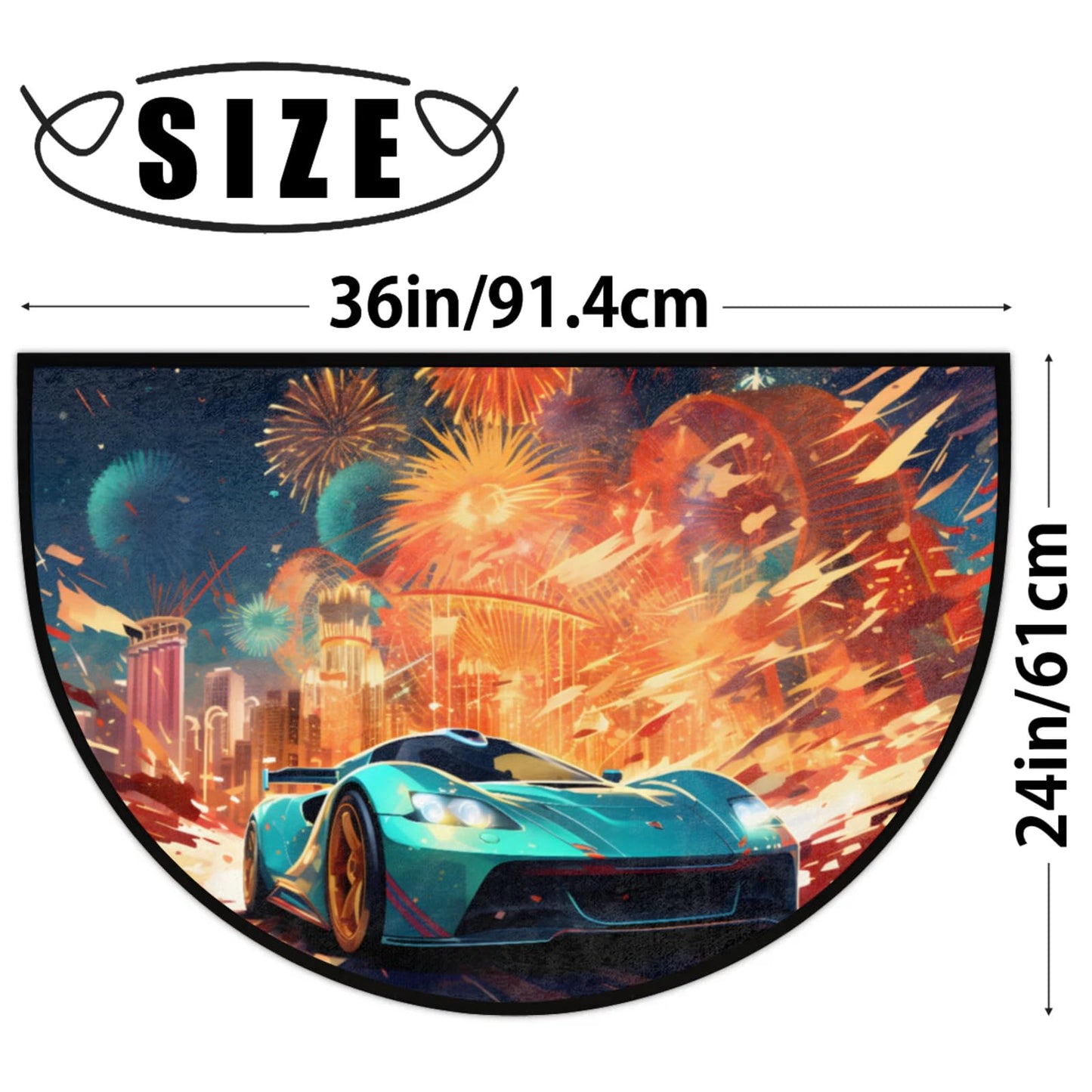 LCLJJDMBM Fireworks Race Cars Half Round Door Mat Indoor Entrance Half Moon Rug Area Rug Low Pile Non Slip Absorbent Semi Circle Welcome Mats for Kitchen Patio Home Decoration 36x24 Inch