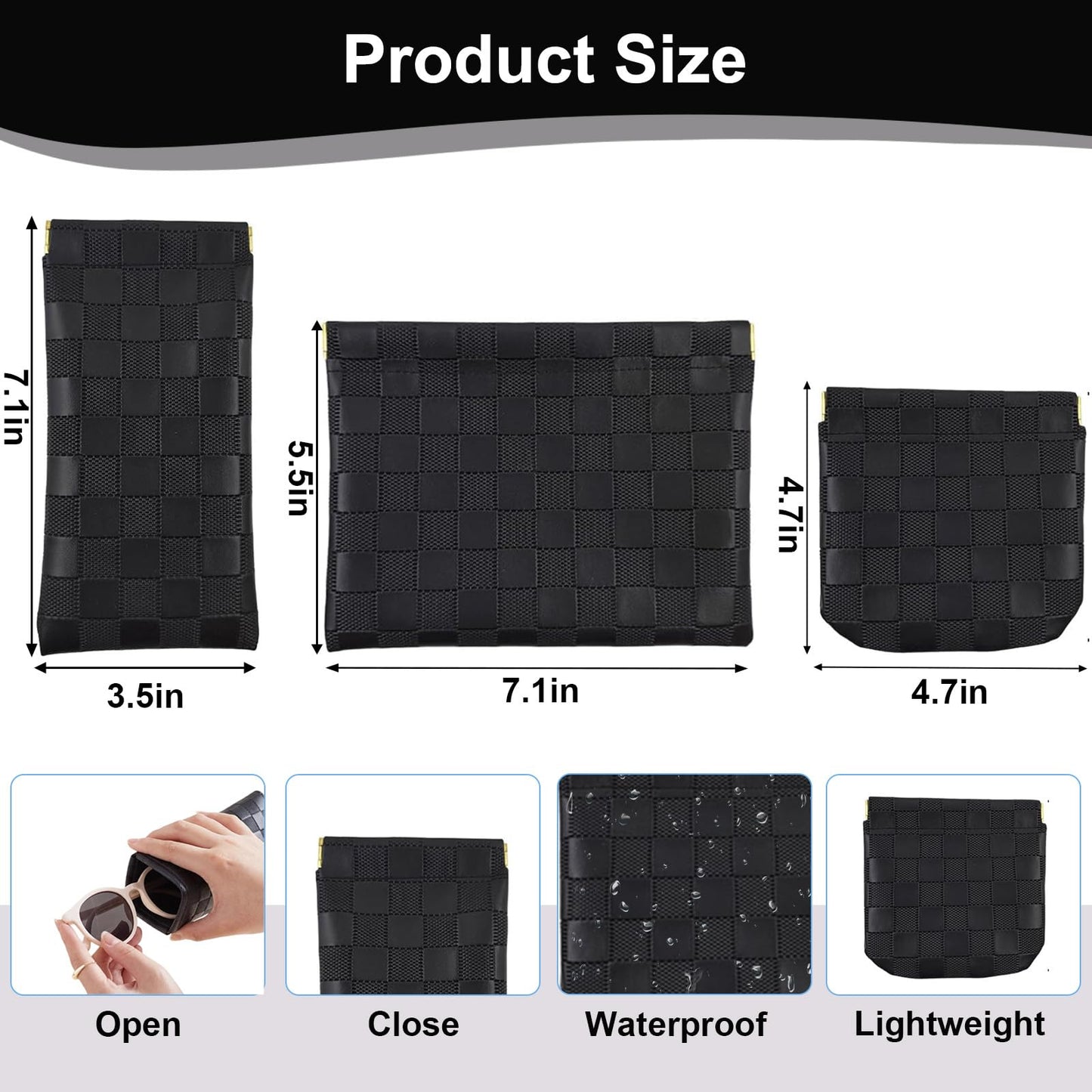 3Pcs Small Makeup Bag for Purse, Waterproof Portable Checkered Leather Makeup Pouch, Small Purse Pouches for Purse Small Coin Purse Organizer Pouches Snap Closure Pocket Cosmetic Bag for Women (Black)