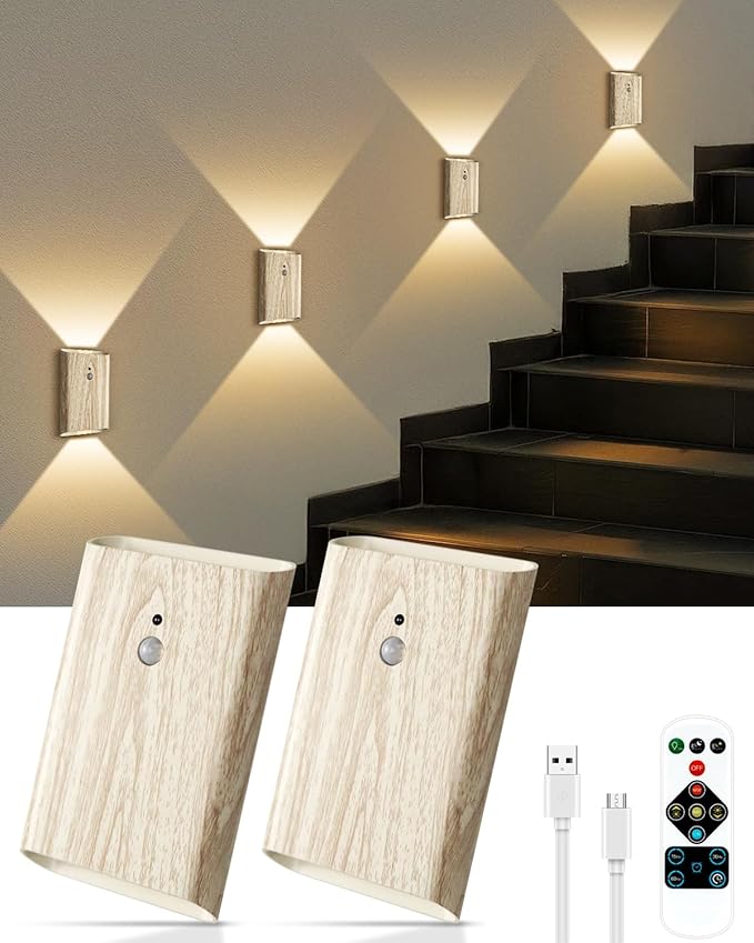 2 Pack Rechargeable Motion Sensor Wall Sconce – 5000mAh Wireless Battery Operated Wall Light, 3 Colors Up/Down Lighting Night Light with Remote Control for Indoor Stairs, Bedroom, Hallway (Wood)