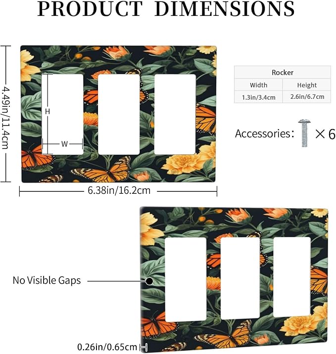 Butterflies Flower Garden 3 Gang Rocker Triple Outlet Wall Plate Decorative Switchplate Cover Faceplate GFCI Light Switch Covers for Farmhouse Living Decor