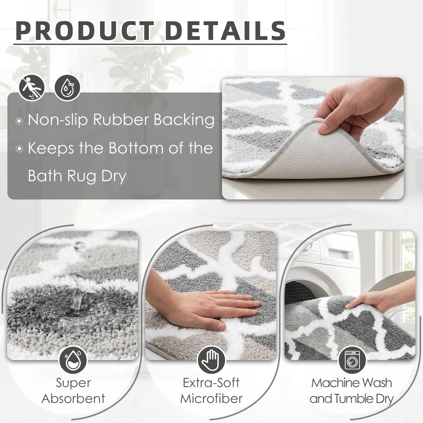 Arttown Dark and Light Grey Trellis Bathroom Rug Set 2 Piece Fluffy Microfiber Non-Slip Water Absorbent Bath Mat Soft Washable for Tub Showers Laundry Room Decor (16"x24"+20"x32")