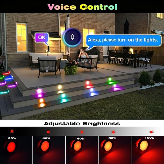 FVTLED Recessed LED Deck Lights Kit, Φ1.77 Low Voltage WiFi Pixel RGBW+IC Deck Lighting Work with Alexa/Google Home, IP67 Waterproof Outdoor Step Lights DC12V for Garden,Steps,Stair(10 Pack, Black)
