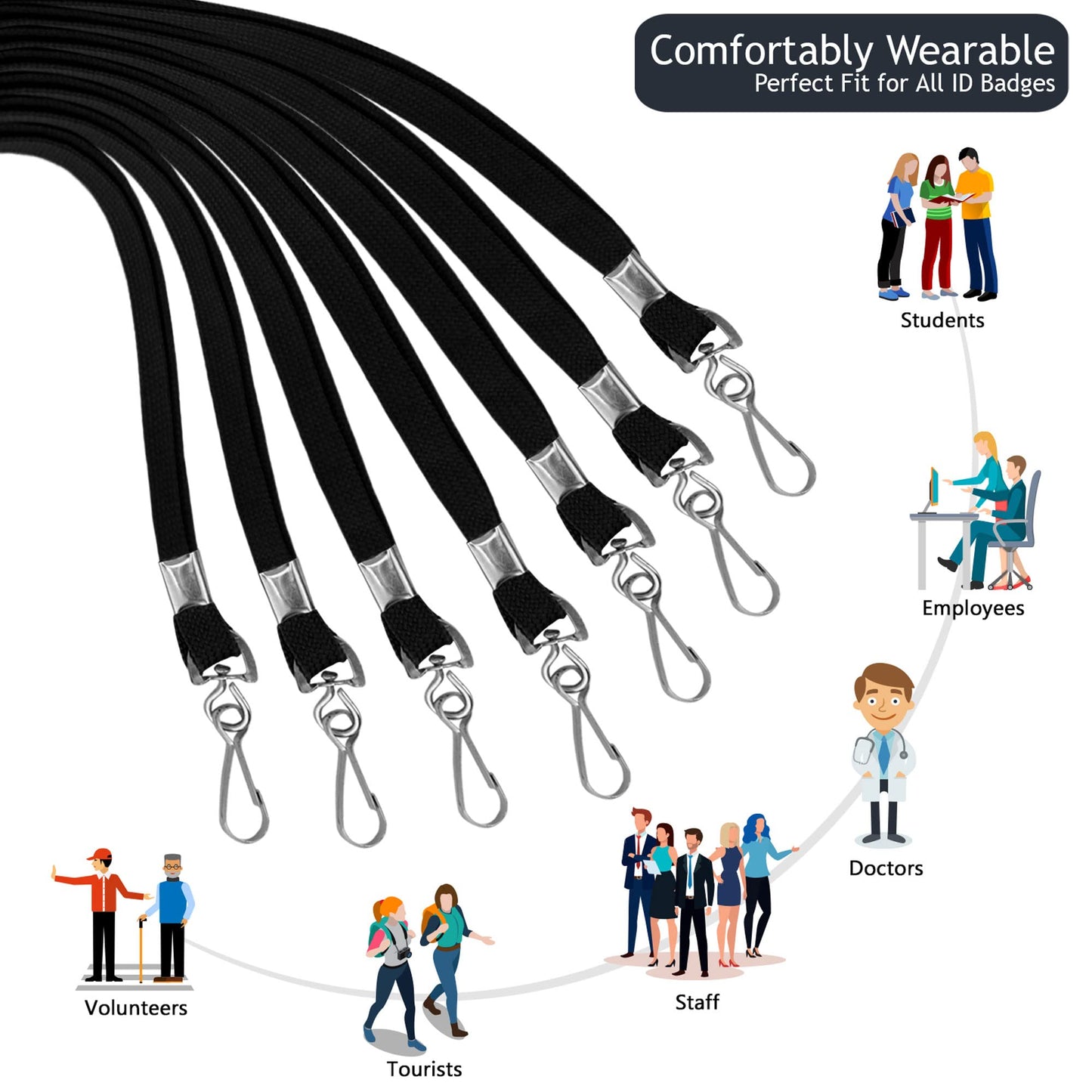 Corpafly 100-Pack Black Lanyards for ID Badges with Swivel J-Hooks - Versatile Neck Lanyard for Keys, Card Holders, Whistles, and More - Ideal for Offices, Teachers, Kids, and Cruise Ship Cards