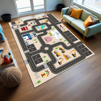 Jngred Kids Car Rug Playmat with Non-Slip Rubber Backing，Car City Life Road Carpet，Child Car Traffic Rugs ，Train Track Play Mat(80×120cm/32×47in)