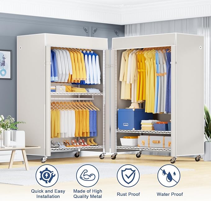 ULIFHOME P8C Pro Heavy Duty Clothes Rack（With Extended Width Design） Rolling Clothing Racks for Hanging Clothes with Lockable Wheels，42" W x 15.8" D x 80.5" H，Load 700LBS，White Rack with White Cover