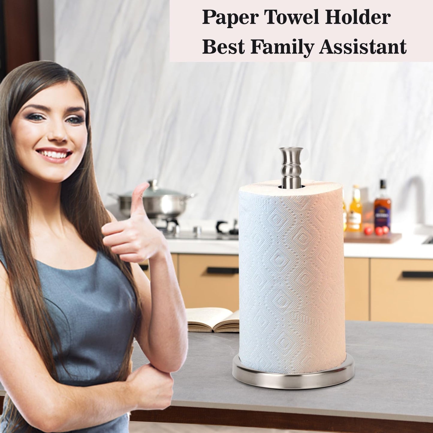 Sfemn Paper Towel Holder Countertop, Standing Paper Towel Roll Holder for Kitchen Bathroom, with Weighted Base for One-Handed Operation, No Wobbly (Brushed Nickel)