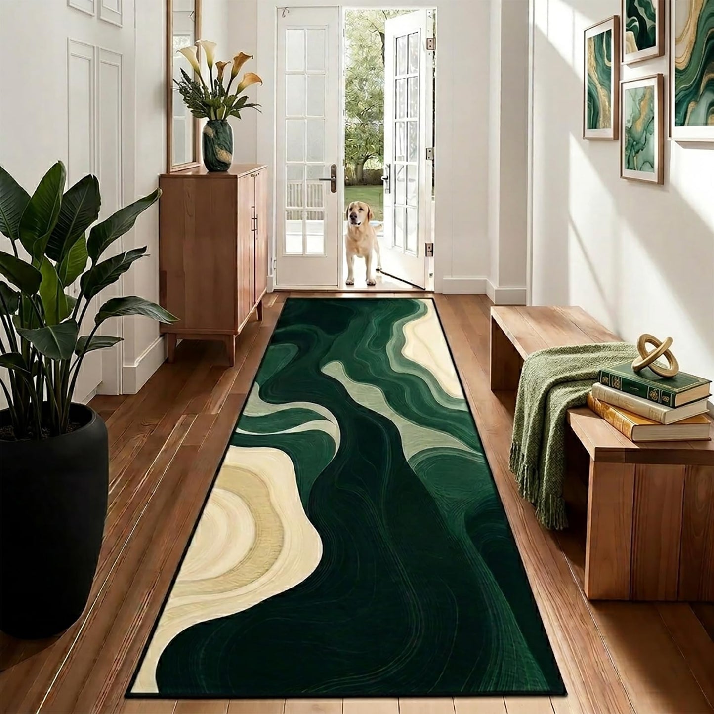 AQQA Sage Green Runner Rug 2x6,Abstract Wavy Hallway Runner, Washable Non-Slip Long Rug for Kitchen,Modern Art Deco Entryway Rug,Low-Pile Indoor Floor Carpet for Laundry Room,Bedside,Office (Emerald)