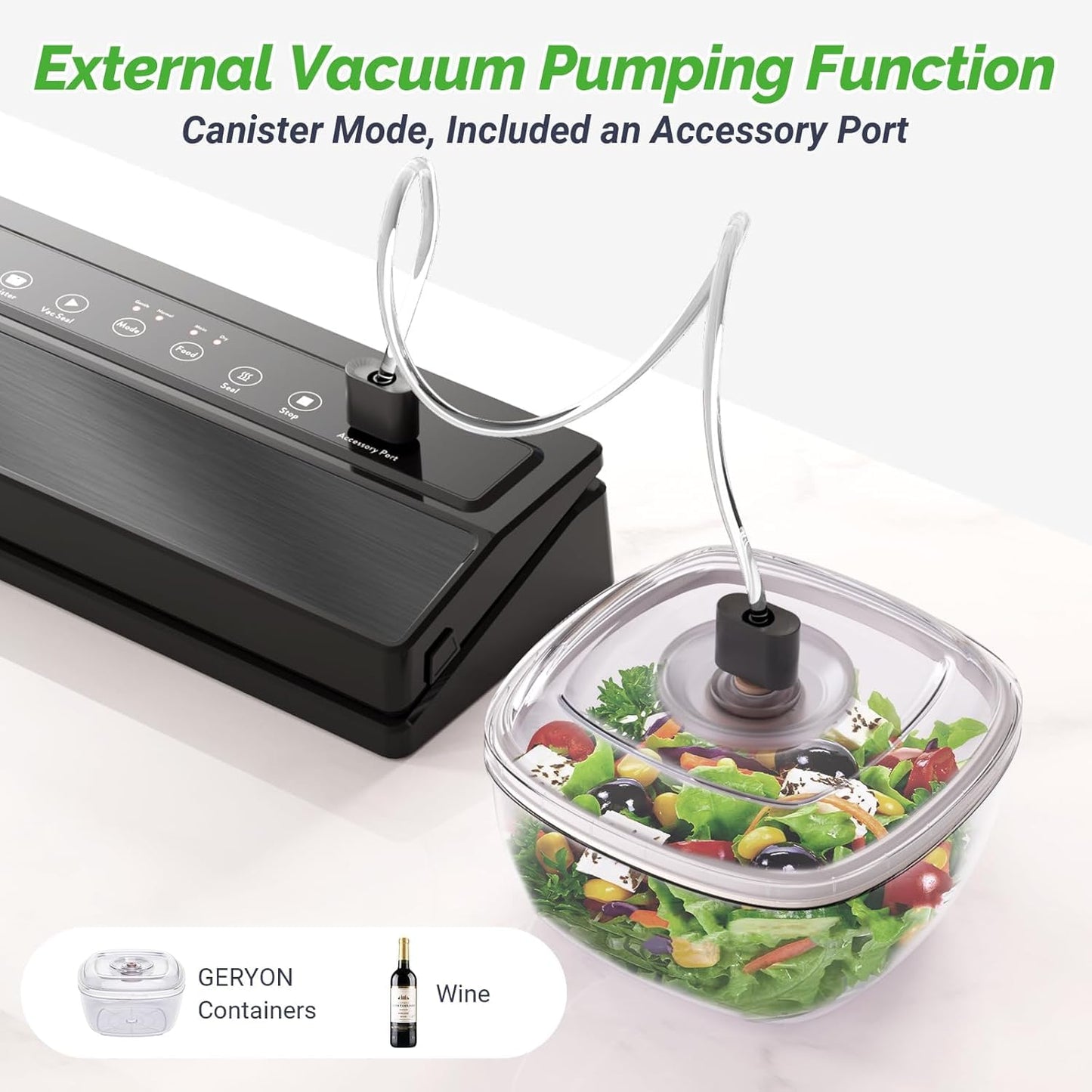 GERYON Vacuum Sealer Machine, Food Vacuum Sealer with Powerful Suction | Slim Design | Easy to Use | Led Indicator Lights for Sous Vide, Meal Prep, w/Starter Kits for Vacuum Seal Container (Black）