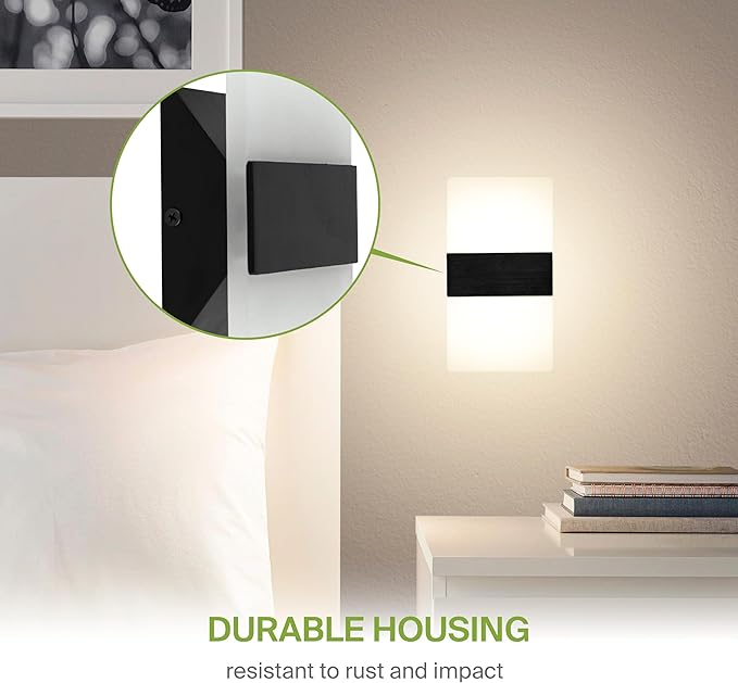 ASD 8 Inch LED Indoor Wall Sconce - Modern Interior 10W 120V 2700K-5000K Adjustable Dimmable Wall Mounted Light Fixtures, Acrylic Glass Wall Lights for Stairway, Hallway - ETL, Matte Black 2 Pack