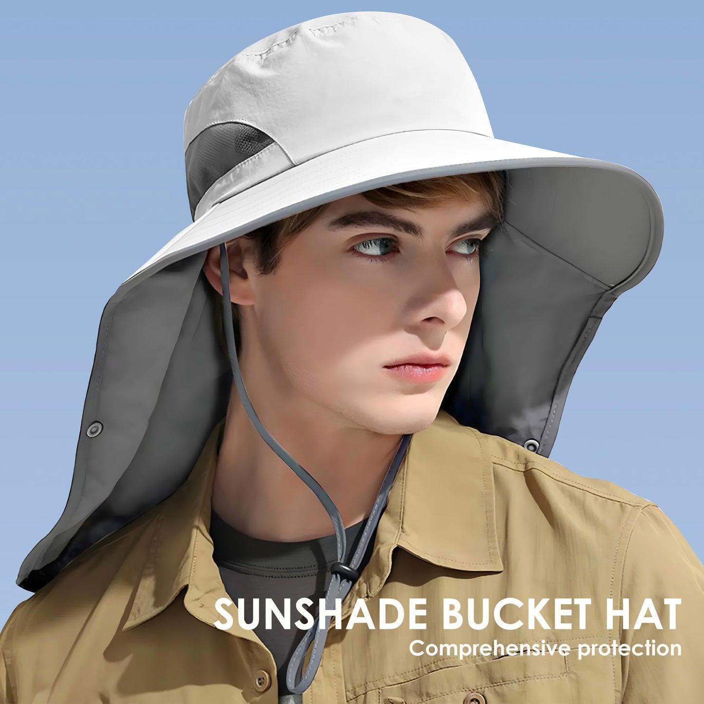 Outdoor Sun Hat Detachable Neck Face Flap UPF 50+UV Protection Visor Fishing Hats with Neck Flap for Men & Women Light Grey