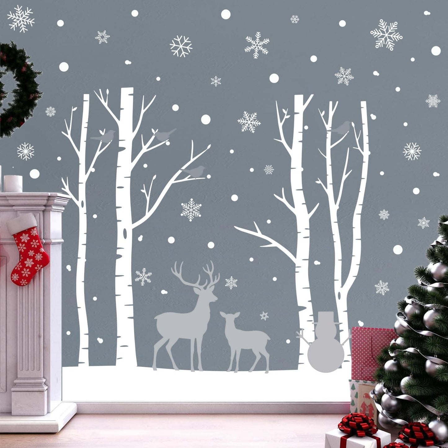 Kasubeso Large Birch Tree Deer Window Decal, Snowy Christmas Snowman Window Stickers, Peel and Stick Winter Snowflake Window Clings for Holiday Party Bedroom Living Room Offices Home Decoration
