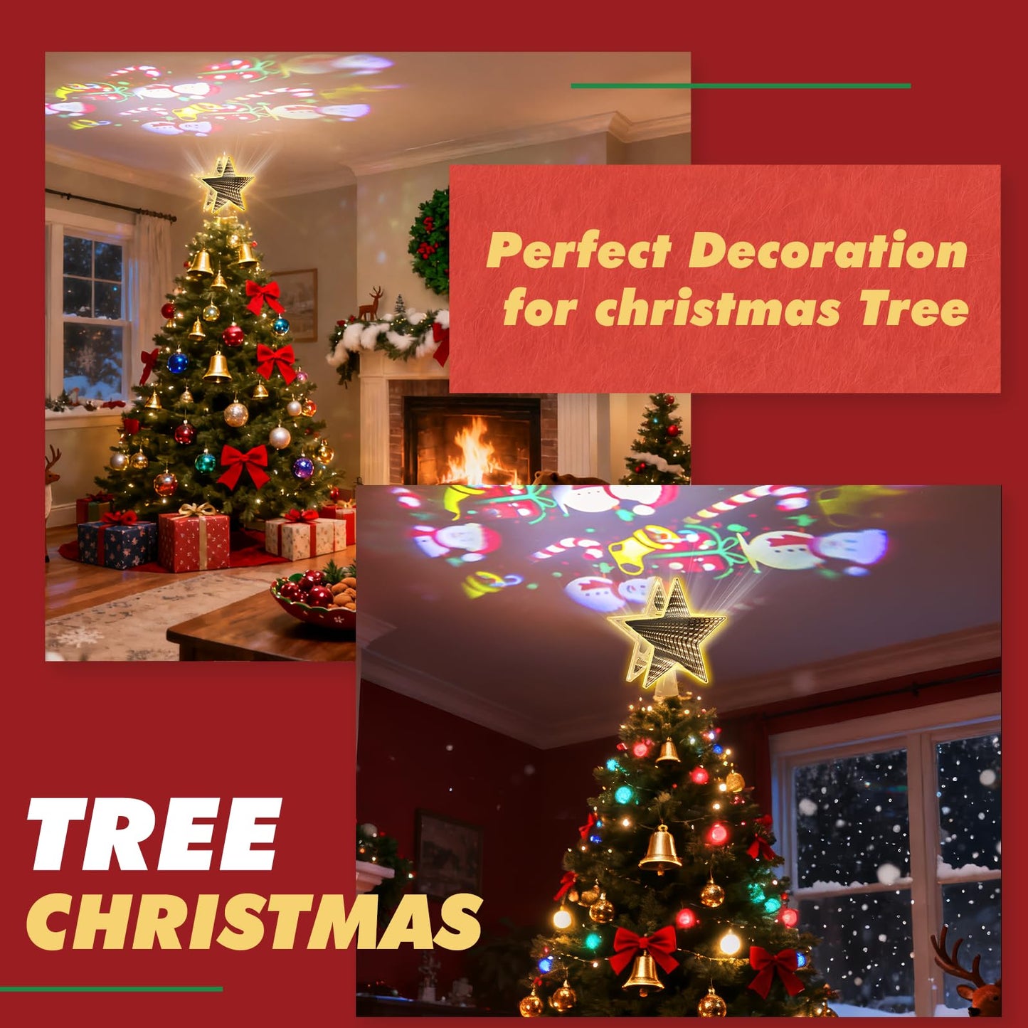 Infinity Mirror Tree Topper, Christmas Tree Topper Lighted Star with 6 Projection Modes, Dual-Side 3D Sparkling Star Treetop, UL Certified Xmas Treetop for Holiday Christmas Tree Decor (Warm White)