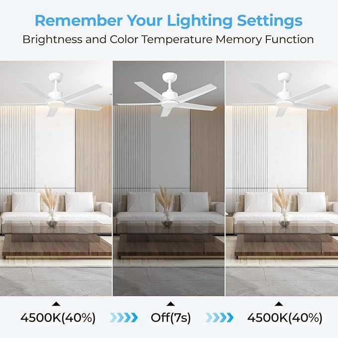 ocioc 44 Inch Ceiling Fans with Lights and Remote,Reversible Quiet DC Motor,Dimmable,Stepless Color Temperatures,Modern White Ceiling Fan for Bedroom,Living Room,Dining Room