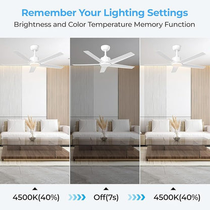ocioc 44 Inch Ceiling Fans with Lights and Remote,Reversible Quiet DC Motor,Dimmable,Stepless Color Temperatures,Modern White Ceiling Fan for Bedroom,Living Room,Dining Room