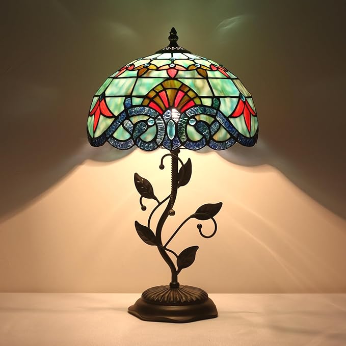 Tiffany Style Table Lamp Handmade Stained Glass Bedside Lamp 12x12x20 inch Metal Leaf Base,Art Glass Lamp for Living Room, Bedroom, Office Decor(Baroque)