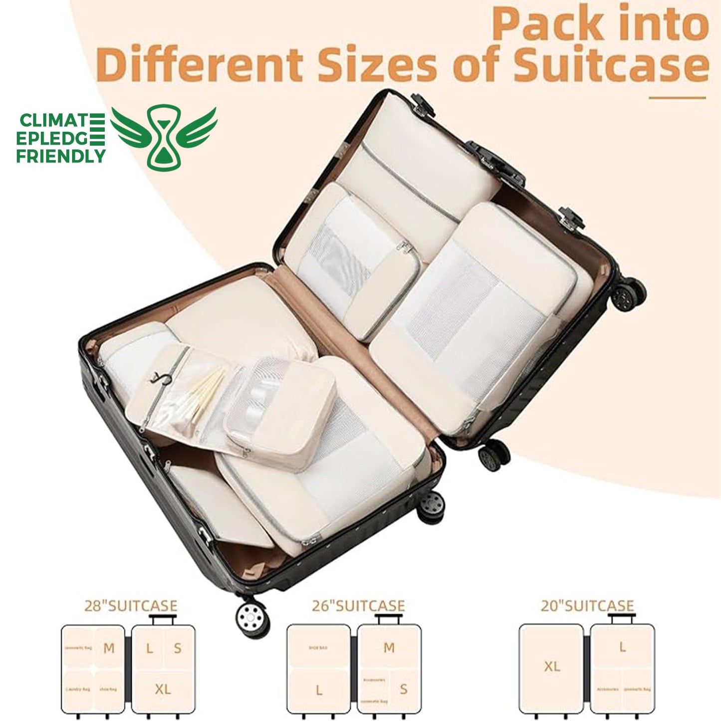 BAGAIL 8 Set Packing Cubes Various Sizes Packing Organizer for Travel Accessories Luggage Carry On Suitcase-Beige