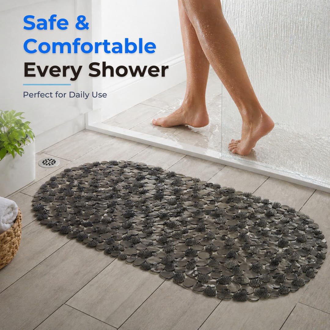 Bath Bliss Non-Slip Pebble Bathtub Mat 18x36 Oval Smoke Color | Suction Cup Shower Mat with Drain Holes | Machine Washable Anti-Slip Tub Mat