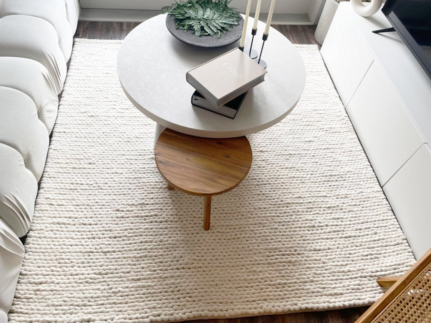 FRELISH DECOR Wool Cotton Area Rug for Living Room and Bedroom, 5'x8' Handwoven Braided Chunky Knit Cable Rugs, Farmhouse Contemporary Area Rug: Wool Ivory Premium