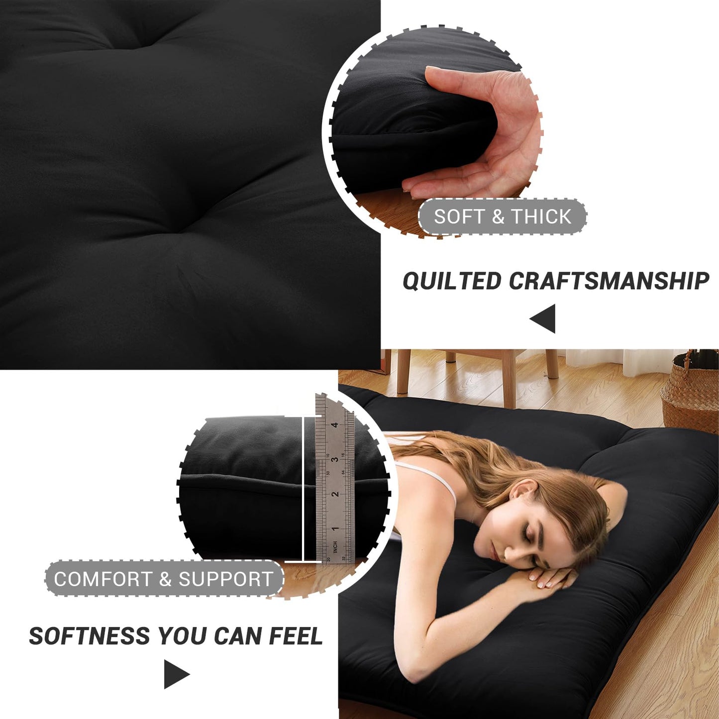 GarveeHome Japanese Floor Mattress, Futon Mattress Full Size 54 in x 80 in, Roll Up Mattress for Floor Tatami Mat, Sleeping Mat Camping Mattress Pad for Dormitory Guest Room, Black