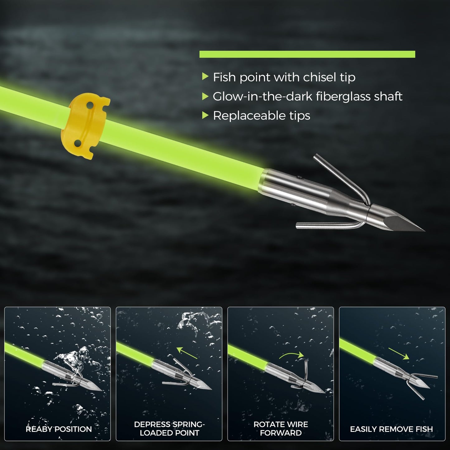 KEAUP 6 Pack 32 inch Bowfishing Arrows with Broadheads and Safty Slides Bow Fishing Arrow Luminous for Compound Bow Recurve Bow Fishing Hunting