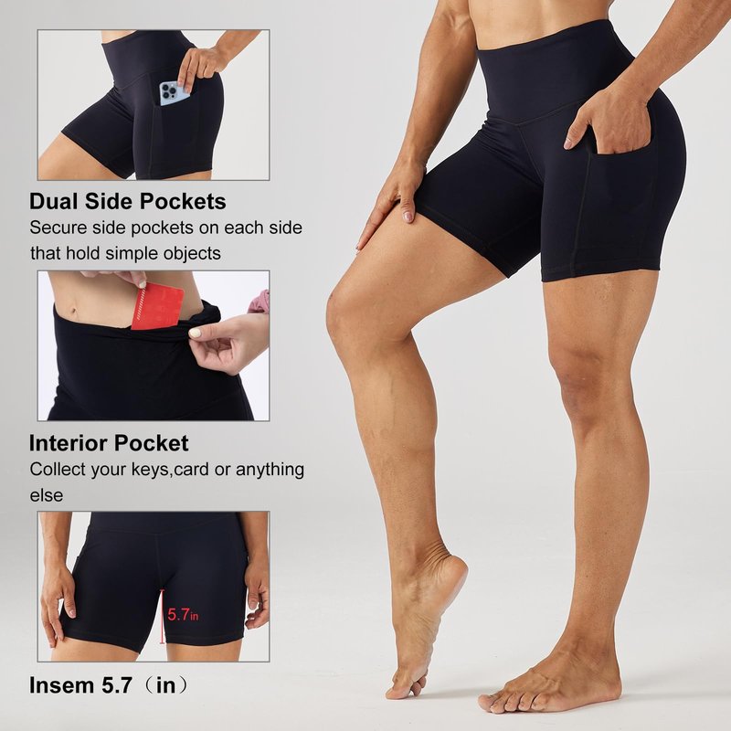 LOVESOFT Women's 5" High Waist Biker Shorts Workout Yoga Running Gym Compression Spandex Volletball Shorts with Side Pockets Black