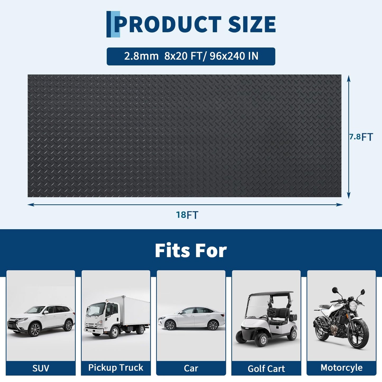 7.8 x 18 FT Garage Floor Mat, ExploreHorizon 2.8mm Thickened Flooring Roll Diamond Plate PVC Rubber Trailer Mat, Non-Slip Floor Protector Mat for Garage, Warehouse, Gyms, Trailer, SUV
