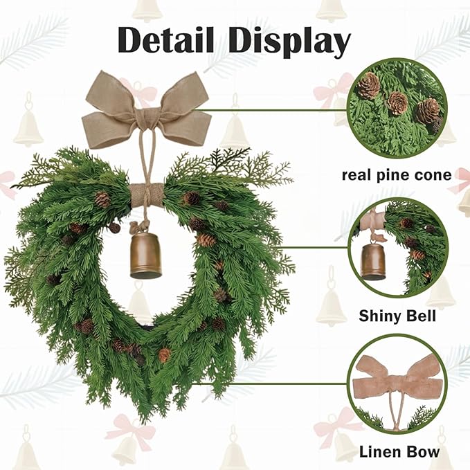 Christmas Wreath for Front Door, Heart-Shaped Holiday Wreath with Bell & Real Pine Cones, Artificial Green Leaves for Indoor & Outdoor Wall Decor, Garden Party Decoration (20 inches)