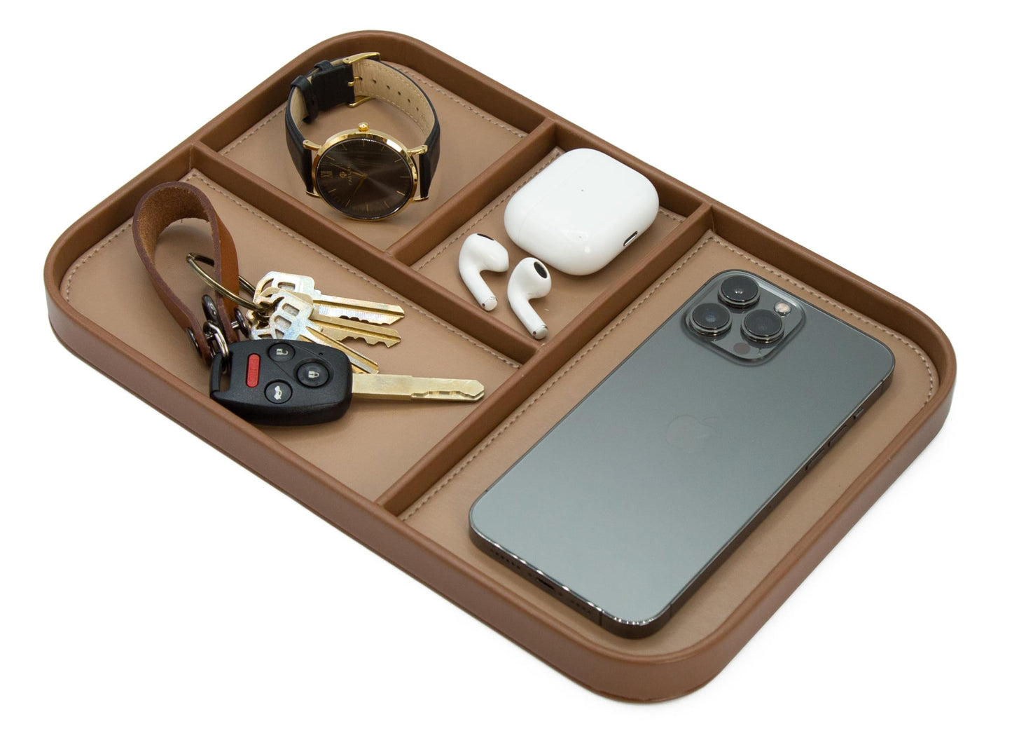 MUUJEE Leather Catchall Multitray (Design 1) - 11.65 x 7.75 x 0.8, Everyday Watch and Wallet Caddy Organizer with 4 Compartments, Accessory Glasses Phone Valet Dump Tray for Bedside Nightstand, Tan