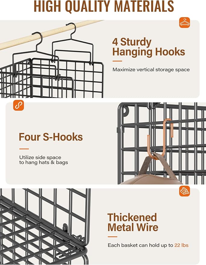 6 Tier Closet Hanging Organizer, Metal Closet Organizers and Storage