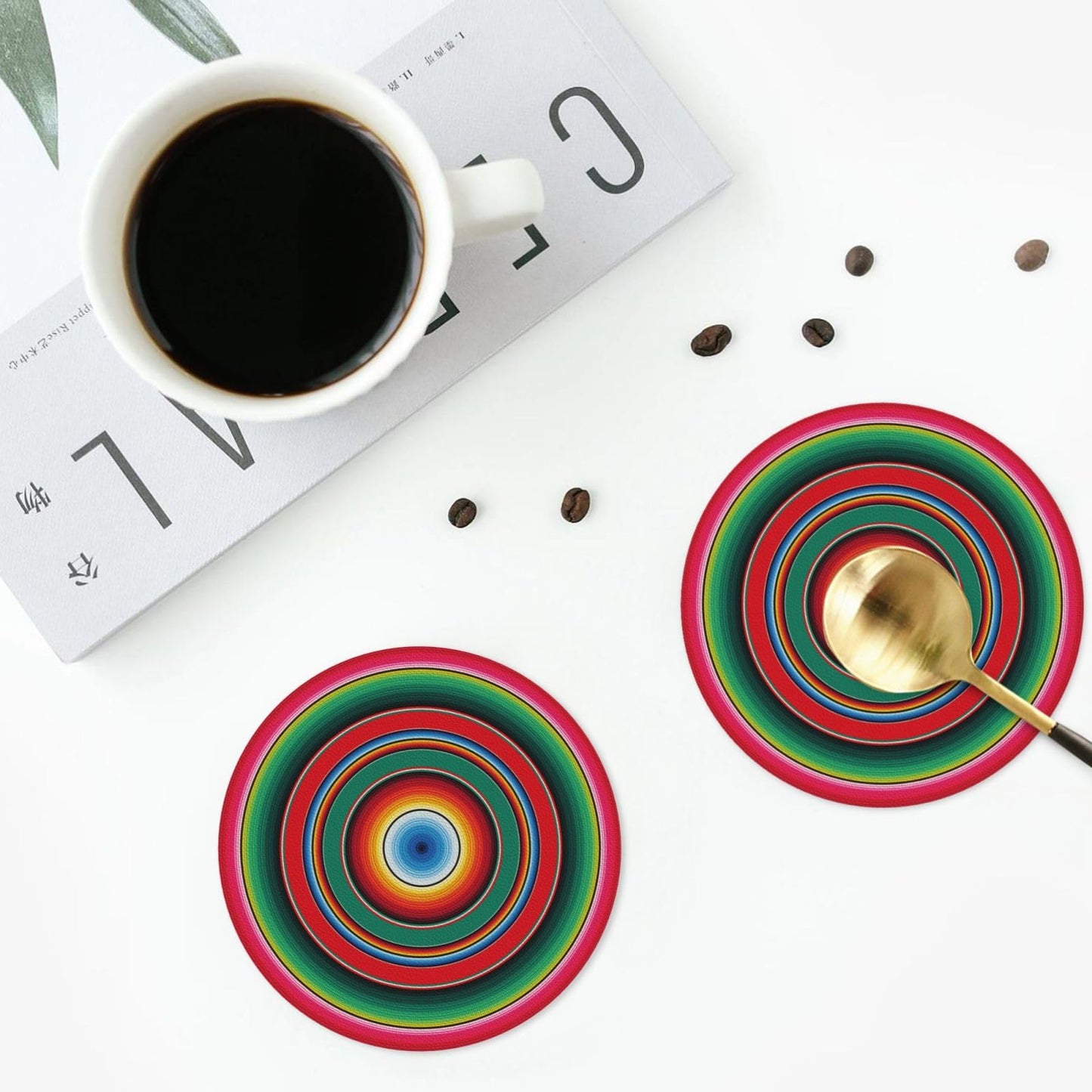 Mexican Blanket Serape Stripe sarapes Mexicano 6 Pcs Drink Coasters - Leather Coasters Set - Resistant Round Coaster Non-Slip Table Mat - Kitchen Bar Home Decor Housewarming Gift