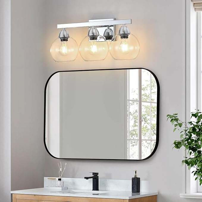 Bathroom Light Fixtures, 3-Light Silver Vanity Light with Hand-Blown Thick Glass Shades, High Transparency & Few Flaws, Wall Sconce for Mirror, Kitchen, Bedroom