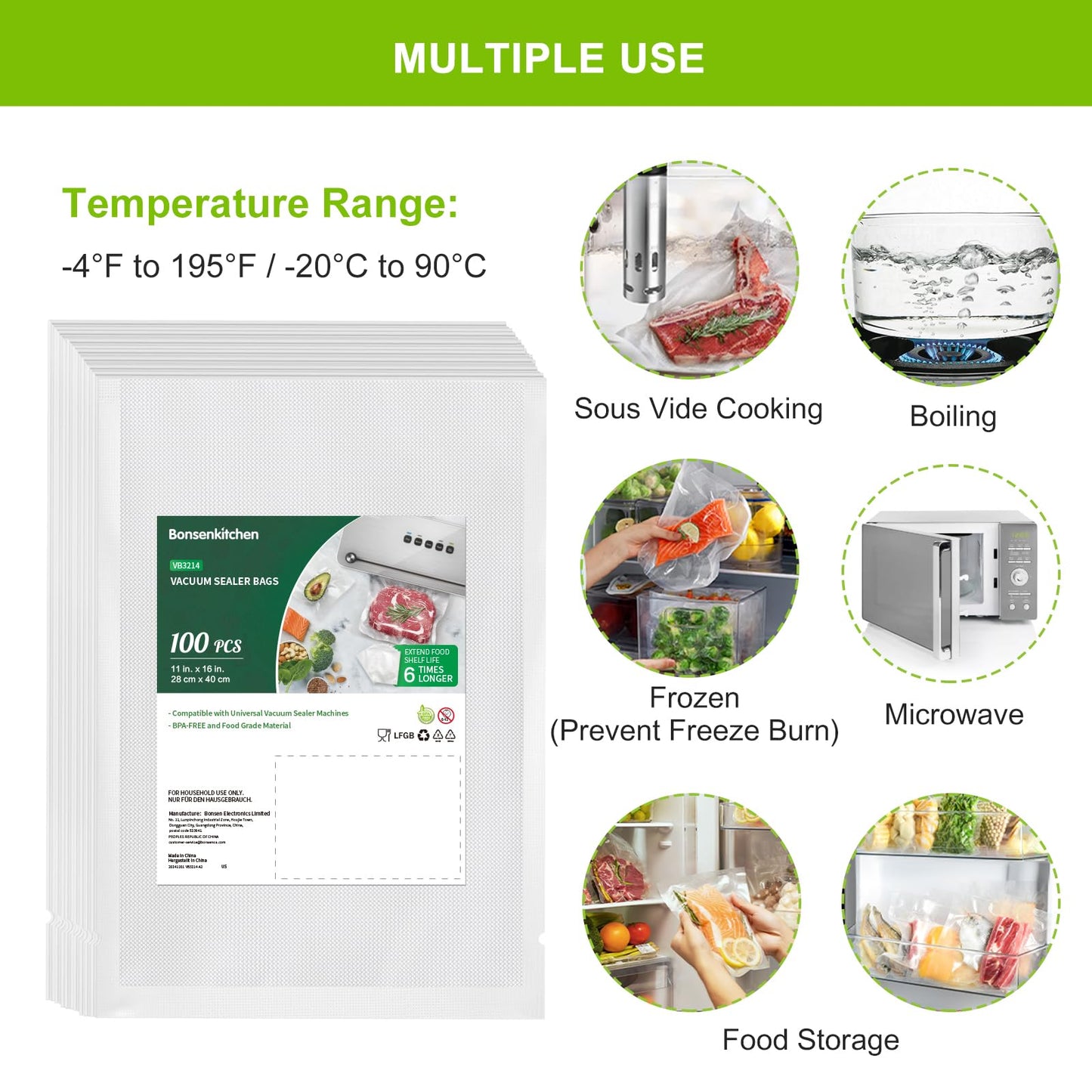 Bonsenkitchen Precut Vacuum Sealer Bags 200 Quart 8" x 12", BPA Free, Commercial Grade Textured Food Vacuum Sealer Bag, Thick Embossed Bags for Storage and Sous Vide Cooking VB3208