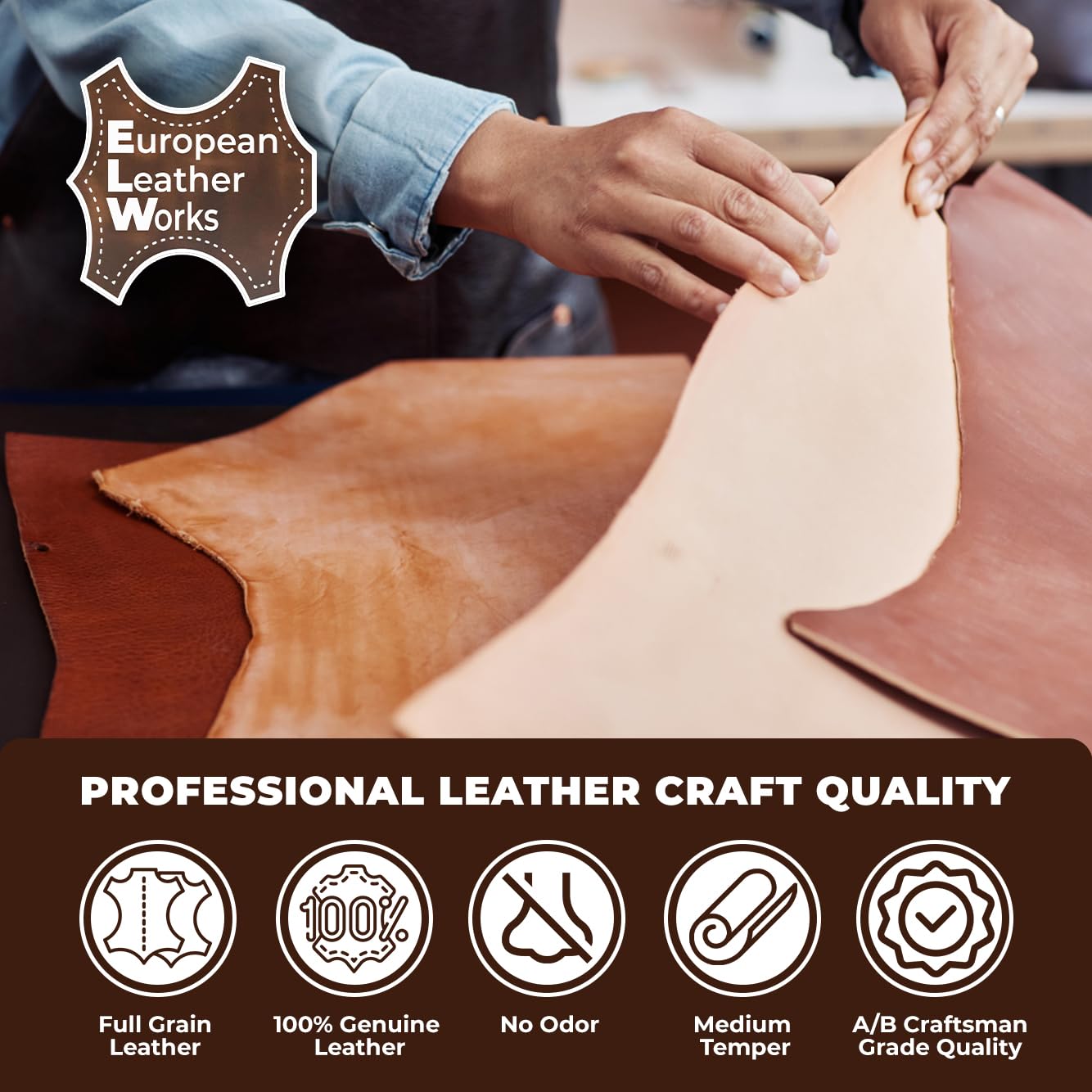 ELW Leather Strap, 7-8 Oz, 1.5 inch Wide x 40", Cowhide Veg Tan Leather Belt Blank, Leather Strips, Tooling Leather, Tan Straps for Crafts, Belt Making & Crafting Blank Hide
