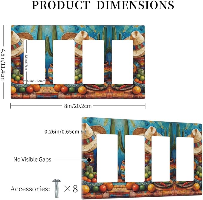 Decorative Art Light Switch Covers Mexican Sombrero & Serape Vibes 4 Gang Rocker Decora Outlet Covers Electrical Faceplate GFCI Wall Plate for Home Decor