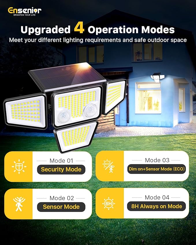 Ensenior Solar Lights Outdoor, IP65 Waterproof Motion Sensor Outdoor Light with Remote Control, 279 LED 4 Heads Solar Security Light with 4 Mode, 270° Wide Angle Solar Flood Light for Outside, 3 Packs