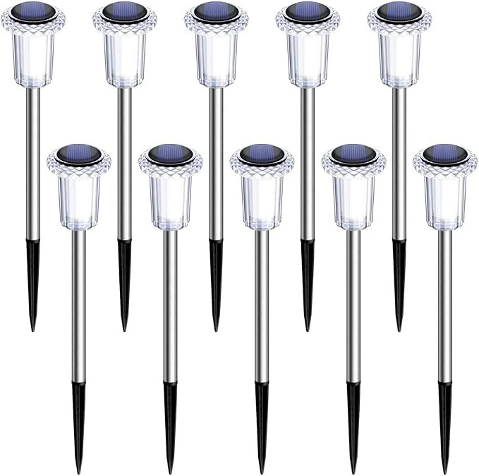 DenicMic Solar Lights Outdoor 10 Pack Waterproof 6000K Cold White LED Stainless Steel Stake for Pathway Yard Garden Driveway Solar Powered Outside Christmas Decor