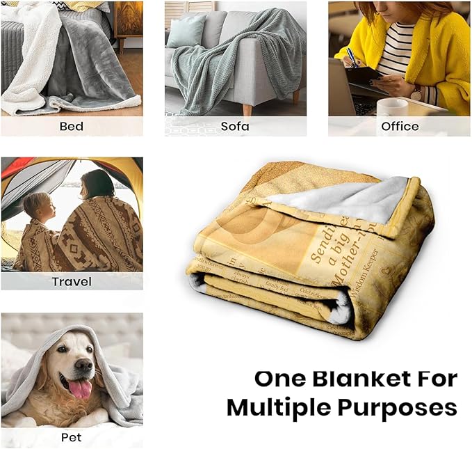 Mother-in-Law Blanket 60x50 - Vintage Newspaper Flannel Throw with Big Hug Quote, Cozy Sepia Decor - Birthday, Mother’s Day from Daughter-in-Law or Son-in-Law