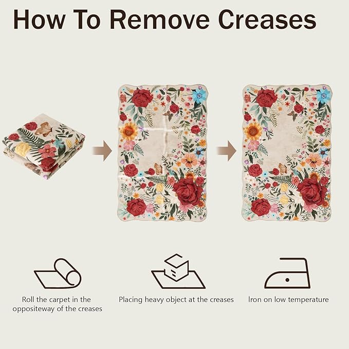 Washable Entryway Small Area Rugs: Door Mat Indoor Entrance 4x6 Floral Rug Ultra Thin Stain Resistant Non Slip Low Pile Lightweight Carpet for Bedroom, Kids Room, Farmhouse Decor (Beige)