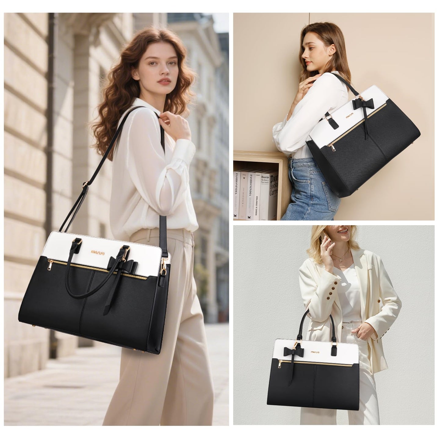 MOSISO Laptop Tote Bag for Women, 15.6 inch Waterproof PU Leather Work Bag with Clutch Purse & Bowknot, Large Capacity Handbag Shoulder Computer Bags Work Briefcase for Business Teacher Office, Black