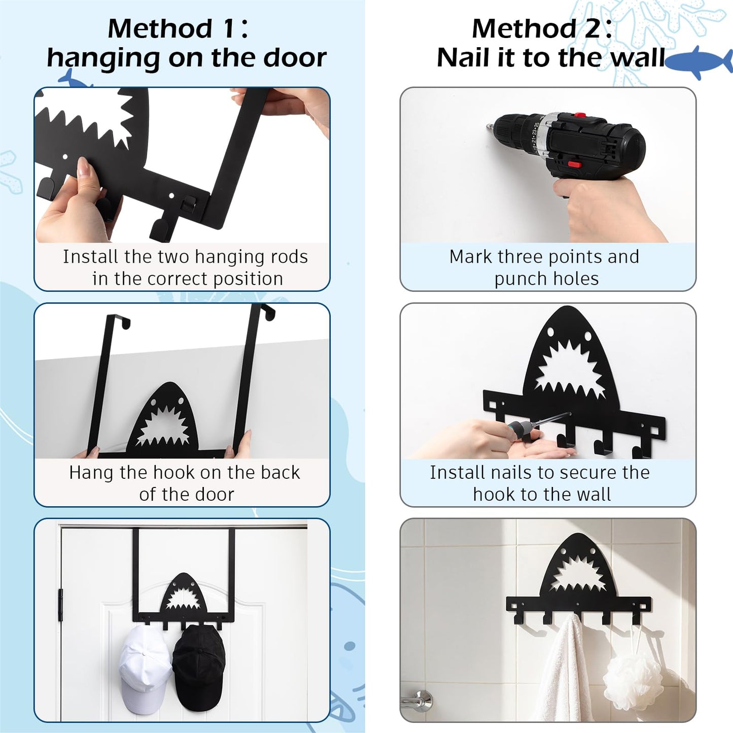Reallnaive Shark Over The Door Hooks Bathroom Decoration Hanger Wall Mount Art Funny Rack Holder for Towel, Hat, Coat, Cloth, Keychain, Bag, Christmas Gift